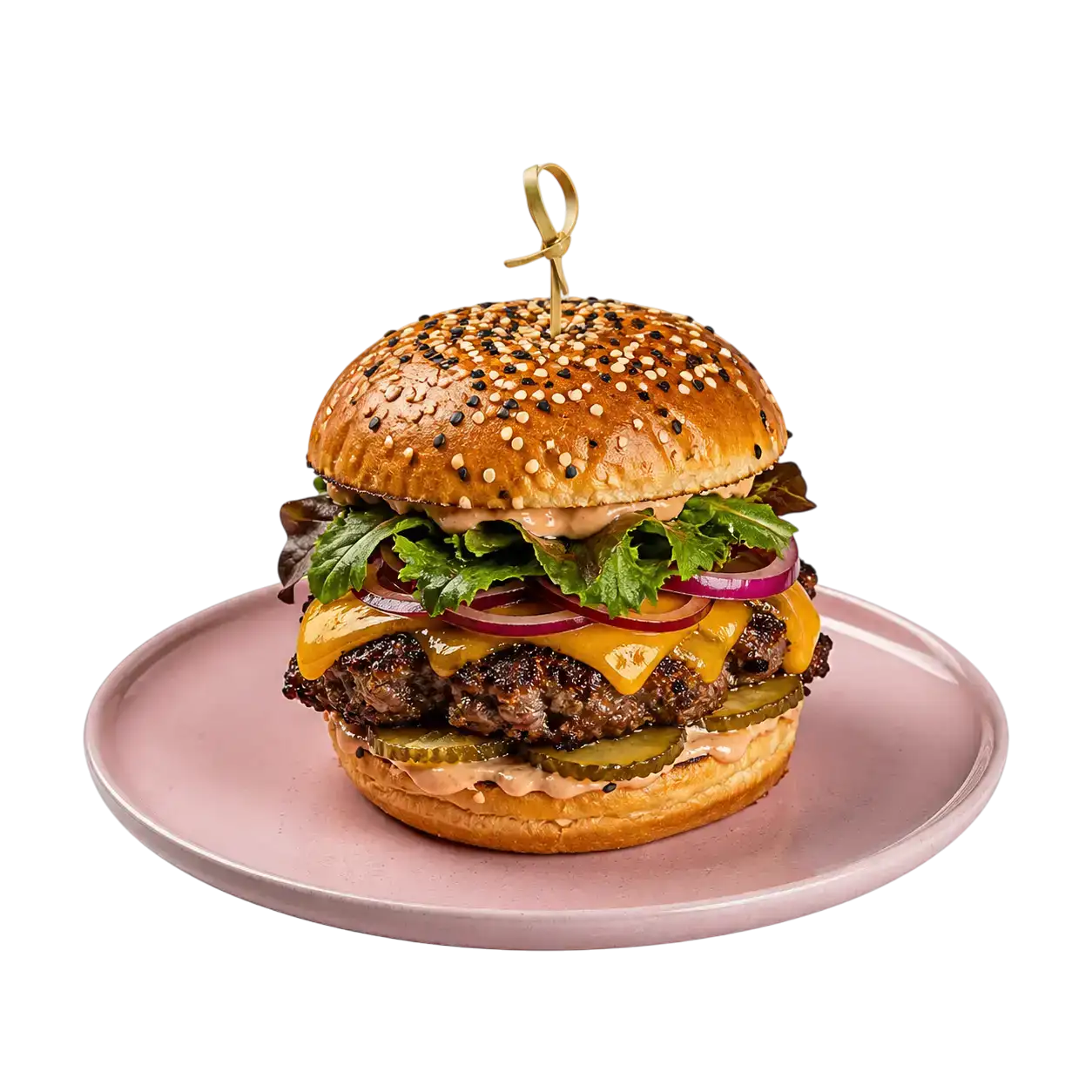 Hamburguesa sobre plato rosa